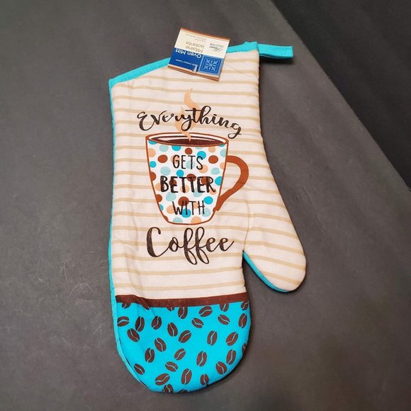 Coffee decor Oven Mitt Potholders, Turquoise, Everything Gets Better with Coffee - Picture 3 of 6